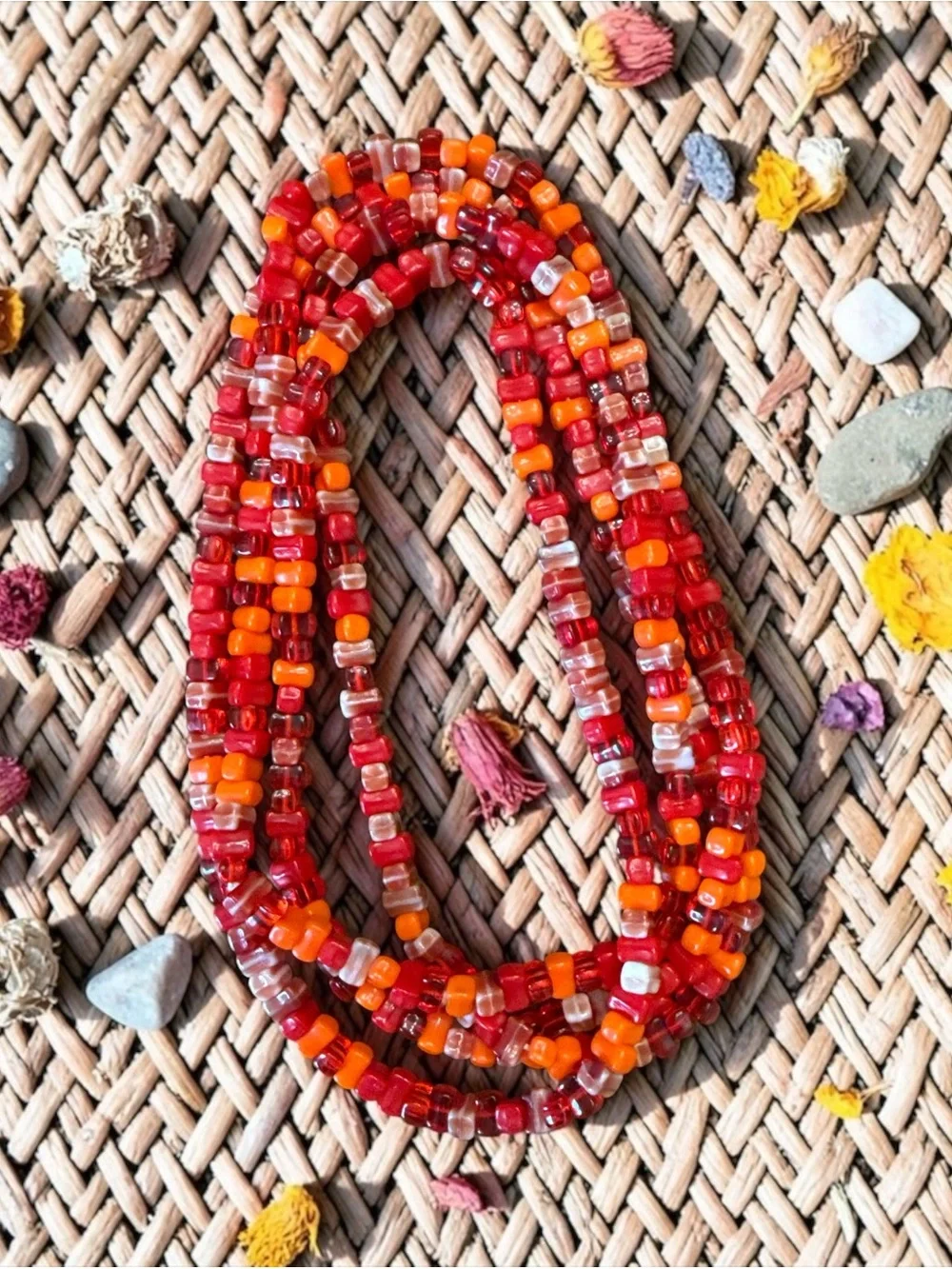 Vintage Red Orange Glass Bead Long Strand Necklace 49” Boho